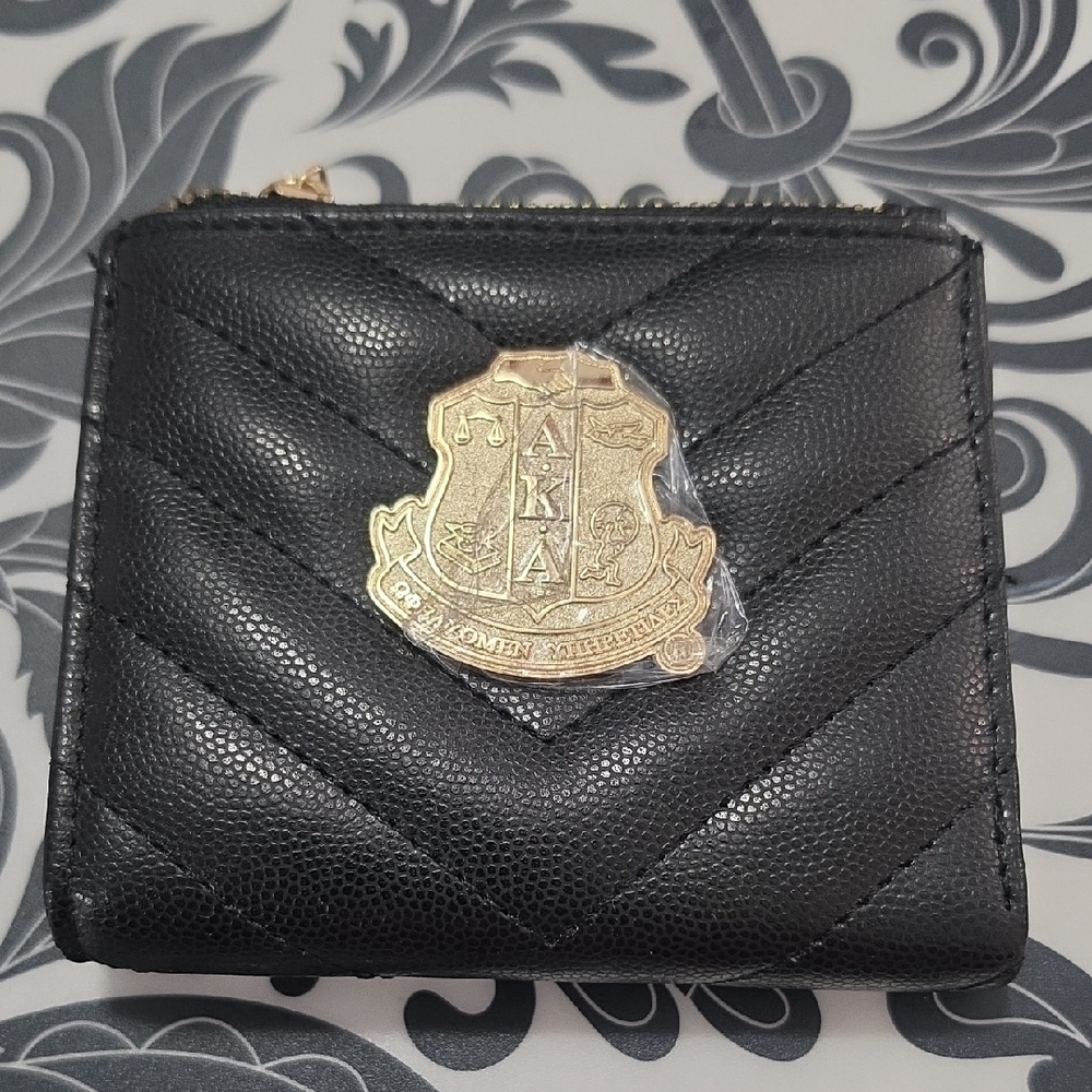 Alpha Kappa Alpha Black Quilted Zip Wallet with Gold Crest Accent